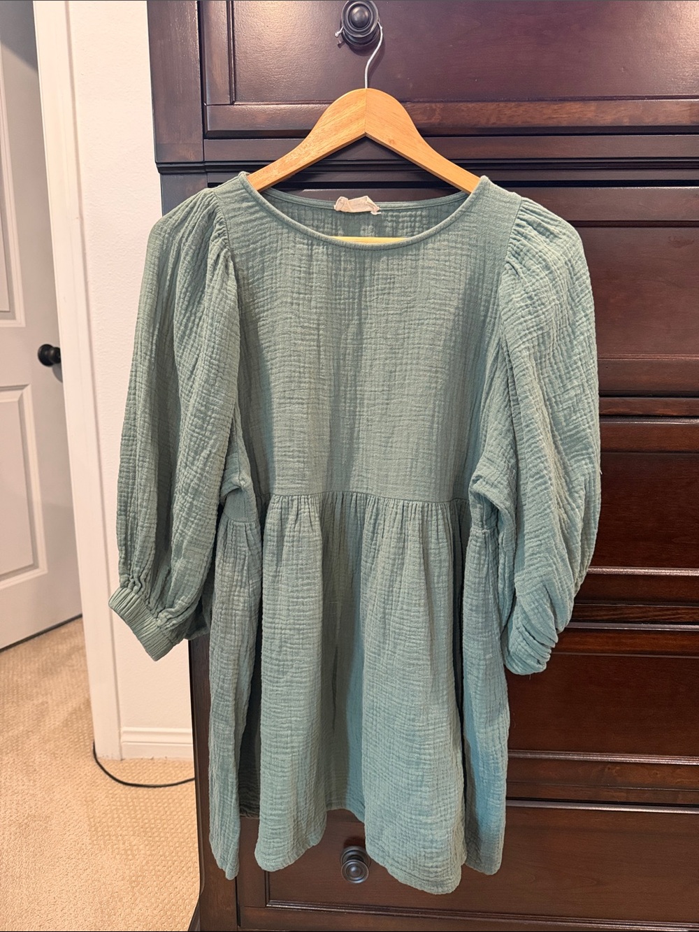 Audrey 3+1 Sage Green Long Sleeve Gauze Babydoll Dress